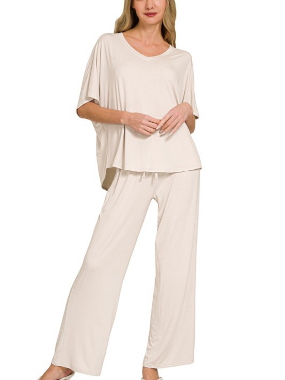 78 NWT Zenana 2pc Black V-neck Oversized Top And Pants Set Soft Comfy - Picture 2 of 3